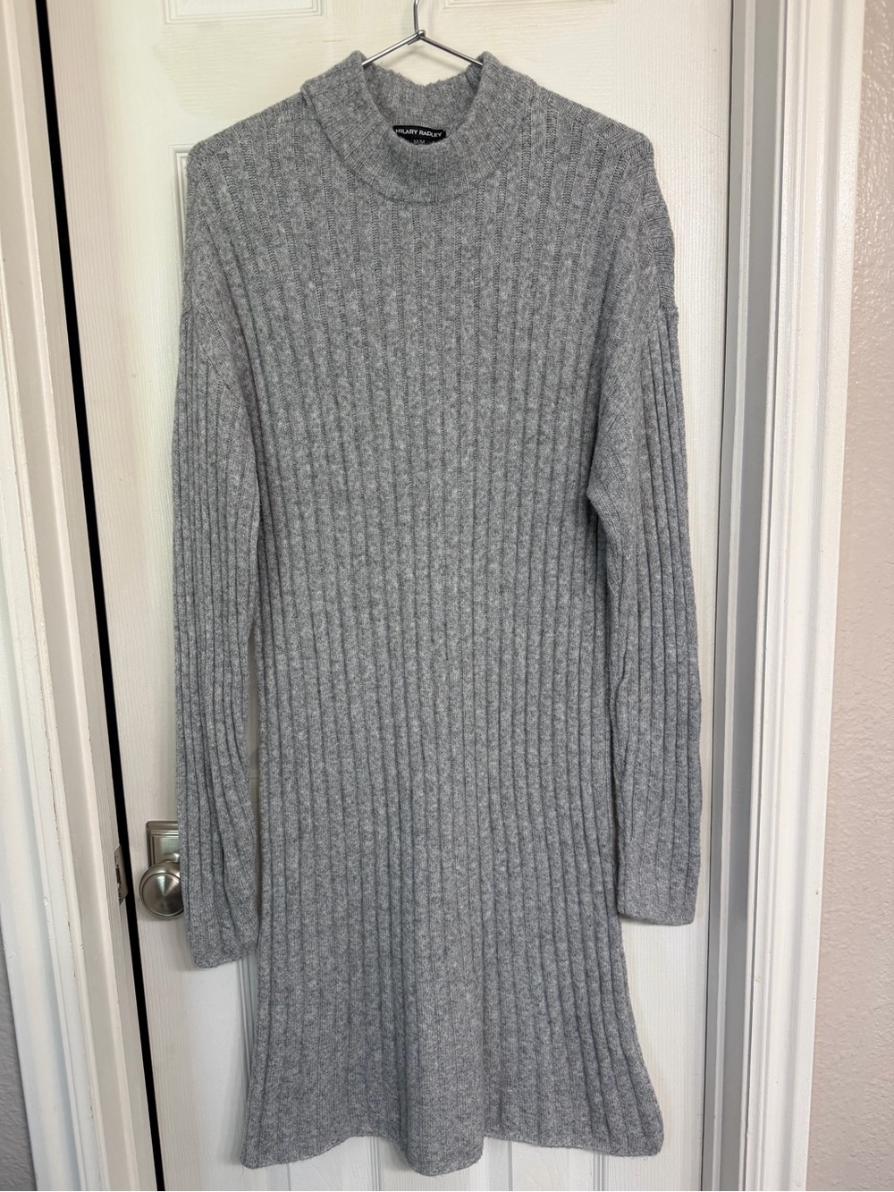 Hilary Radley Gray Ribbed Mock Neck Long Sleeve Midi Dress M-L